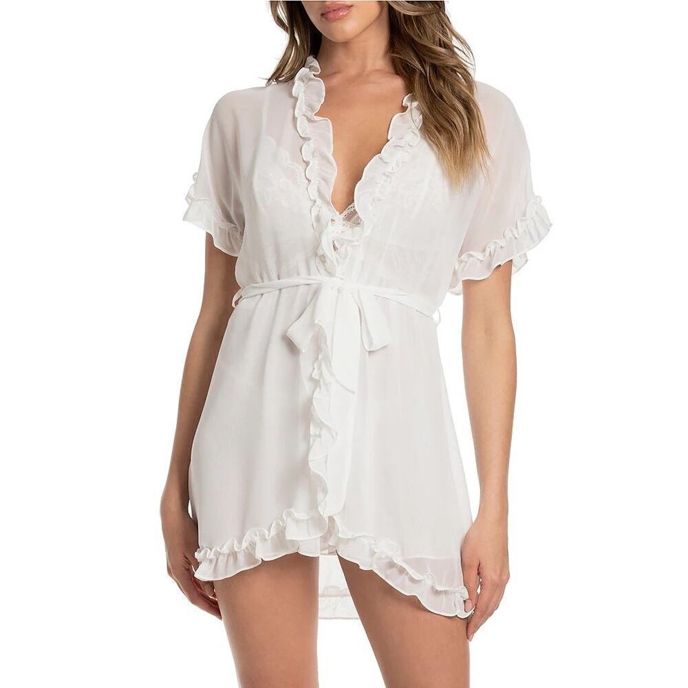 In Bloom By Jonquil Chiffon Ruffled Coordinating Wrap Robe Size XS Rose NWT